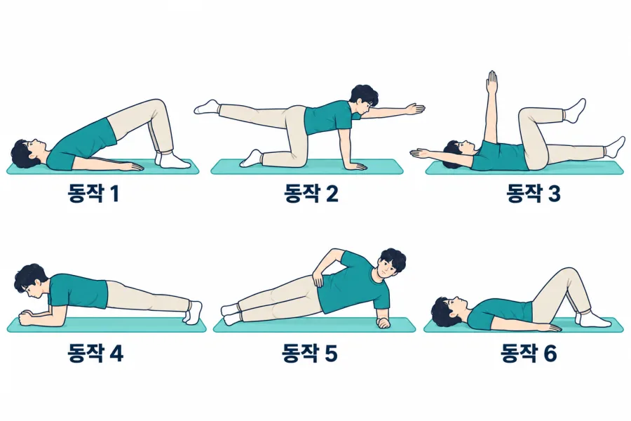 그림: 브릿지·버드독·데드버그 등 허리를 고정한 채 버티는 코어 안정화 운동의 여러 자세