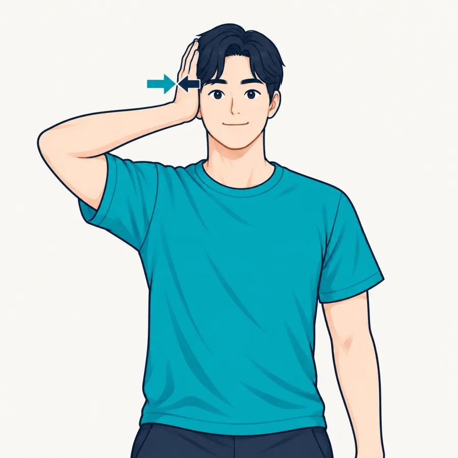 목근육 강화운동 1 — 손바닥으로 옆머리를 받쳐 서로 반대 방향으로 미는 동작