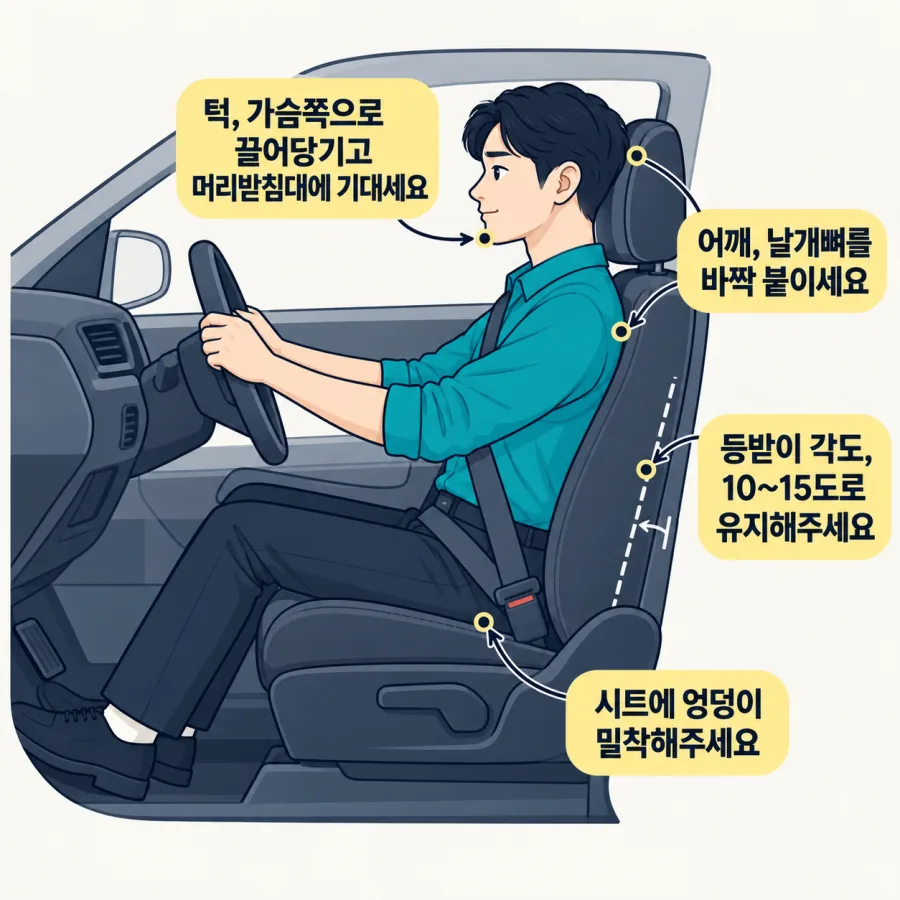 운전할 때 목 건강에 좋은 자세 — 턱 당기고 머리받침대에 기대기, 어깨·날개뼈 붙이기, 등받이 각도 10~15도, 엉덩이 시트에 밀착