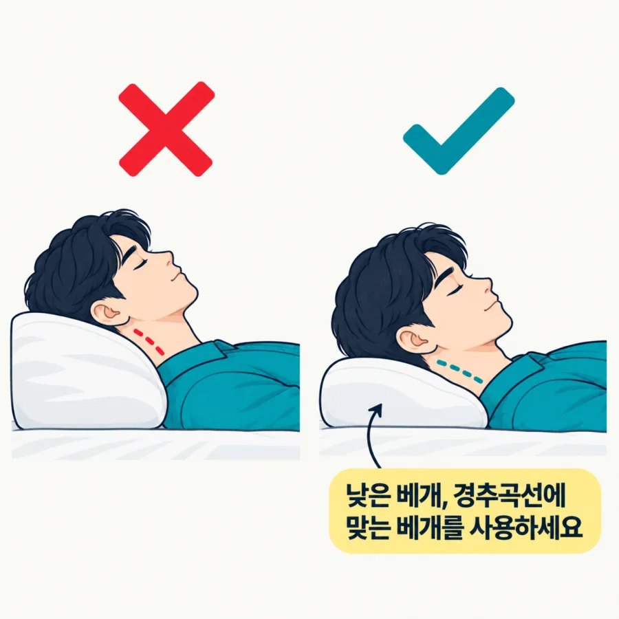베개 사용 비교 — 높은 베개를 베어 목이 꺾이는 잘못된 자세(왼쪽)와 경추 곡선에 맞는 낮은 베개를 쓰는 자세(오른쪽)